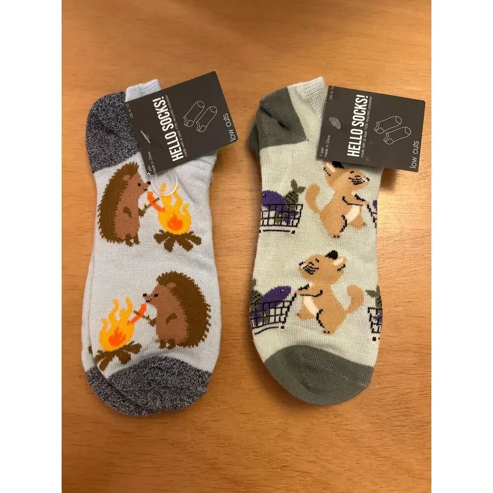New Womens 2 Pairs Hello Socks! Porcupine Cat Print low cut socks shoe size 4-10